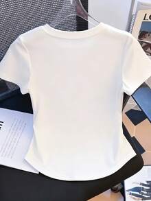 Blusa casual para mujer, camiseta deportiva de manga corta a la moda - camiseta rosa con estampado de calaveras y rosas en estilo romántico oscuro, top casual cómodo y fácil de combinar con cuello redondo, mezcla de poliéster de manga corta adecuada para todas las estaciones, disponible en múltiples colores, perfecta para reuniones familiares, regalos festivos y salidas diarias para mostrar tu calidez y encanto, un artículo imprescindible, playeras de mujer algodón. - Blanco - Ver 2