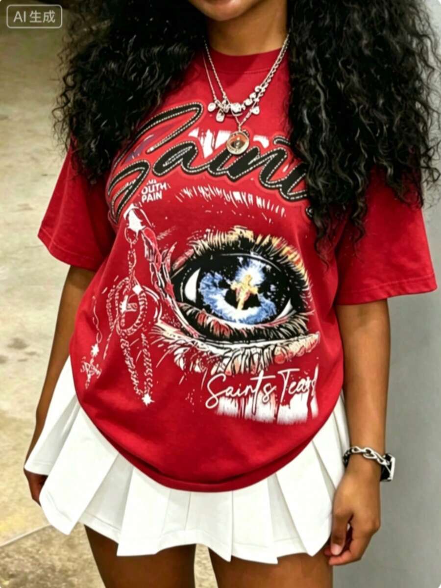 Cotton Clothes Y2K-Inspired Letter Print T-Shirt,Casual Crew Neck Short Sleeve, Perfect For Spring Summer Fall, Fashion Streetwear Unisex, Graphic Tee - 紅色 - 查看 1