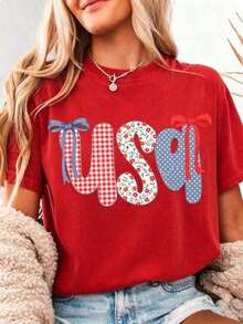 Women's Patriotic T-Shirt With Star And Floral Stripe Design And Plaid Bow, Red, White And Blue, Crew Neck, Short Sleeve, For 4th Of July, Labor Day, Thanksgiving And Halloween - Comfortable Casual Wear For Women And Men (Washable) Minimalist Style Sweatshirt - 紅色 - 查看 7