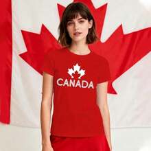New Women's Summer Casual T-Shirt, Cotton, With Canadian Flag And Heart Print, Short Sleeve, Round Neck, Drop Shoulder, Cute Summer T-Shirt With Slightly Stretchy Fabric - Vintage Urban Style, Unisex, Loose Fit, Cotton, Short Sleeve, Round Neck. - 紅色3 - 查看 3