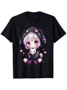 Camiseta Casual de Manga Corta para Mujer con Estampado Inspirado en Anime - Diseño de Orejas de Conejito y Corazones, Cuello Redondo Suave y Transpirable, Lavable aáquina, para Primavera y VeranoDaily Casual Round Neck Short Sleeve-Shirt Women - Negro - Ver 7