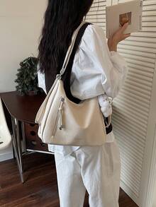 Bolso de hombro de gran capacidad con textura mate retro Merlard 2025, bolso de playa de alta gama, bolso de compras, bolso único con textura, bolso cruzado con cremallera y doble correa - Blanco - Ver 6