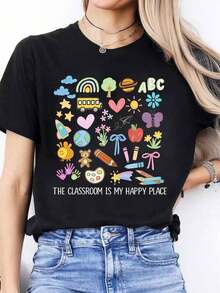 Spring/Summer Casual T-Shirts With Spanish Letter Print, Short Sleeve Crew Neck Sports T-Shirts, Women's Tops--Versatile Basic Cotton Crew Neck T-Shirt - 黑色 - 查看 3