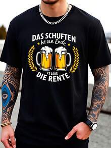 T-shirt bleu marine pour hommes avec imprimé chope de bière et slogan de retraite allemand "Das Schuften Hat Ein Ende, Die Rente ES Lebe" - T-shirt à manches courtes col rond décontracté en tricot micro-stretch, coupe regular pour les loisirs, la retraite. - Noir - Voir 2
