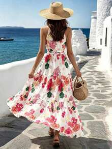 xheBreezaya Vestido largo con estampado de lunares, volantes en el bajo y cinturón para mujerxhe - Rojo y blanco - Ver 2