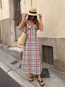 Vestido con cuello de corazón, volantes en el bajo y estampado de cuadros para mujer - Multicolor - Ver 3