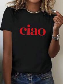 Unisex Short-Sleeved T-Shirt, Women's Round Neck T-Shirt With 'Ciao' Print Design, Men's T-Shirts, , Women's, Romwe Men, Boho Chic, Teacher Gifts, Women's T-Shirt Sets, Curvy For Mu, Y2K - 黑色 - 查看 6