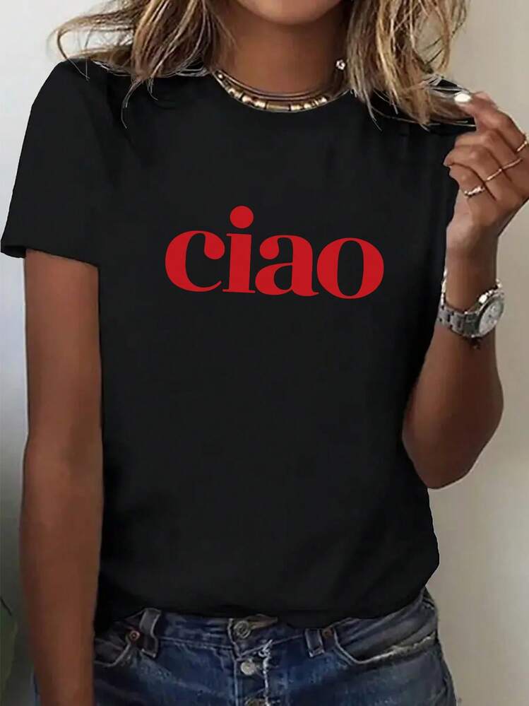 Unisex Short-Sleeved T-Shirt, Women's Round Neck T-Shirt With 'Ciao' Print Design, Men's T-Shirts, , Women's, Romwe Men, Boho Chic, Teacher Gifts, Women's T-Shirt Sets, Curvy For Mu, Y2K - 黑色 - 查看 6