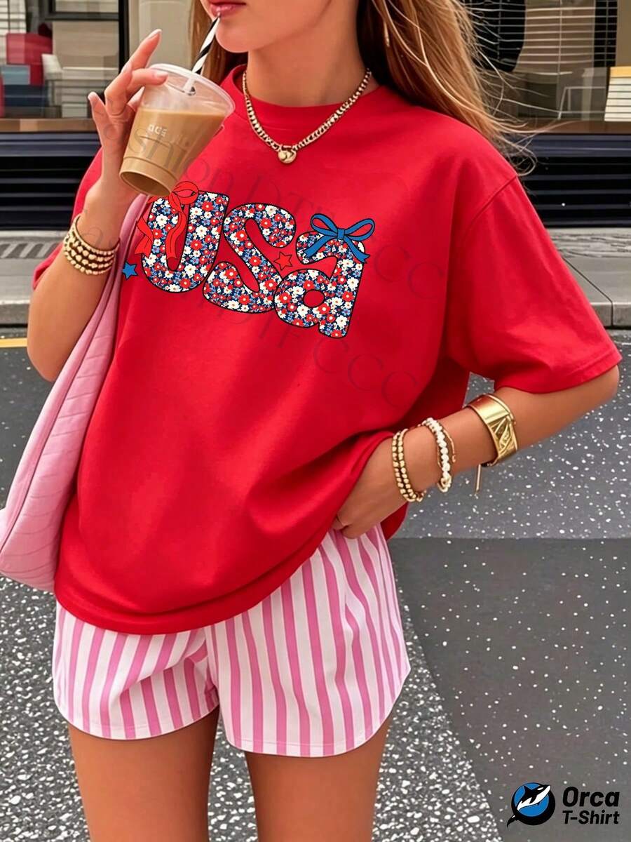 Camiseta de mujer de algodón puro, estilo Y2K, personalizada y a la moda, de corte holgado y manga corta, elegancia de estilo urbano, casual y transpirable para el día a día, con estampado creativo que incluye el elemento de la bandera estadounidense, ideal para el verano, regalo para deportes al aire libre. - Rojo - Ver 1