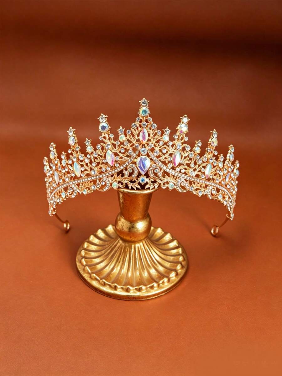 1 chiếc vương miện pha lê cô dâu, băng đô công chúa pha lê lấp lánh kiểu Baroque, phụ kiện tóc cưới cho nữ. - Vàng - Xem 1