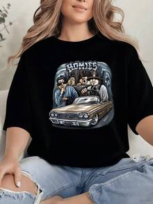Auto clásico dorado simbolizando el espíritu urbano y la unidad entre amigos que comparten aventuras y pasión por la calle camiseta de mujer casual moderna cómoda para uso diario - Negro - Ver 8