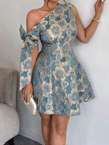 Vestido mini asimétrico de hombro con cintura recogida, decoración de lazo y tela jacquard, elegante para fiesta/cita, primavera/verano - Azul - Ver 4