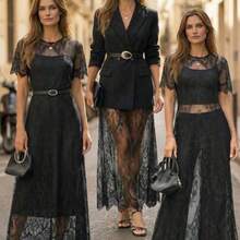 guang zhou mi qian shang mao  Conjunto de vestido de encaje negro de manga corta de unicolor elegante para mujer, uso versátil para festival de música, viajes, citas, vacaciones. Conjunto de dos piezas de encaje negro. Conjunto de tres piezas para mujer. Vestido de encaje negro hasta el tobillo elegante vestido midi elegante ropa femenina oscura. Vestidos de encaje elegantes para mujer. Vestido formal elegante para mujer. Atuendos de primavera para mujer en París. Vestido negro para mujer. Vestidos de lujo para mujer. - Negro01 - Ver 1