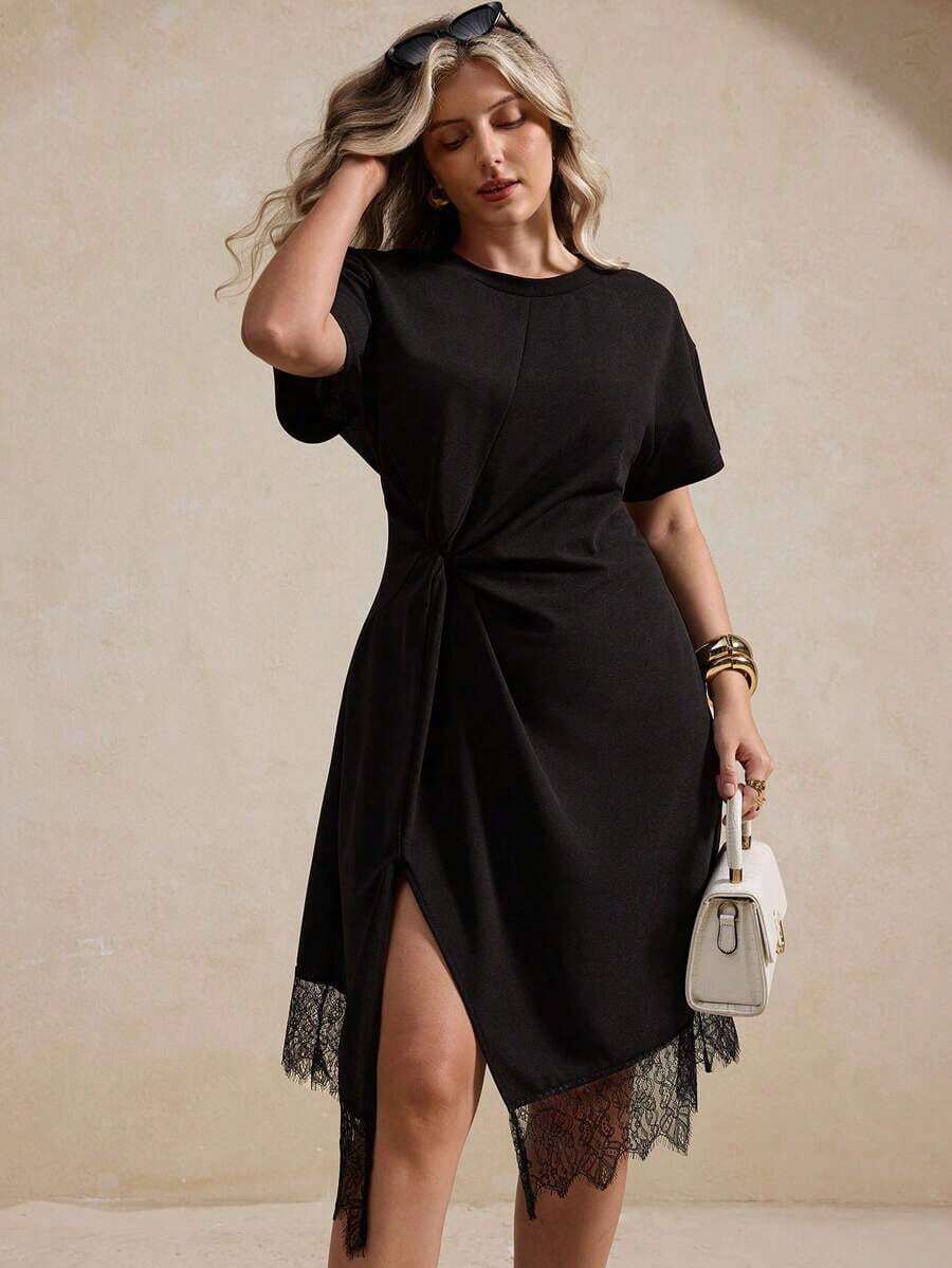 Elegantrix Vestido de manga corta con dobladillo asimétrico, entredós y parches de encaje, elegante y de talla grande para primavera/verano - Negro - Ver 1