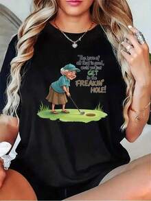 1 pieza de playera  para hombre y mujer, 100% algodón puro, cuello redondo casual con estampado, manga corta transpirable para uso diario, dise?o para golfistas mayores - Negro - Ver 1