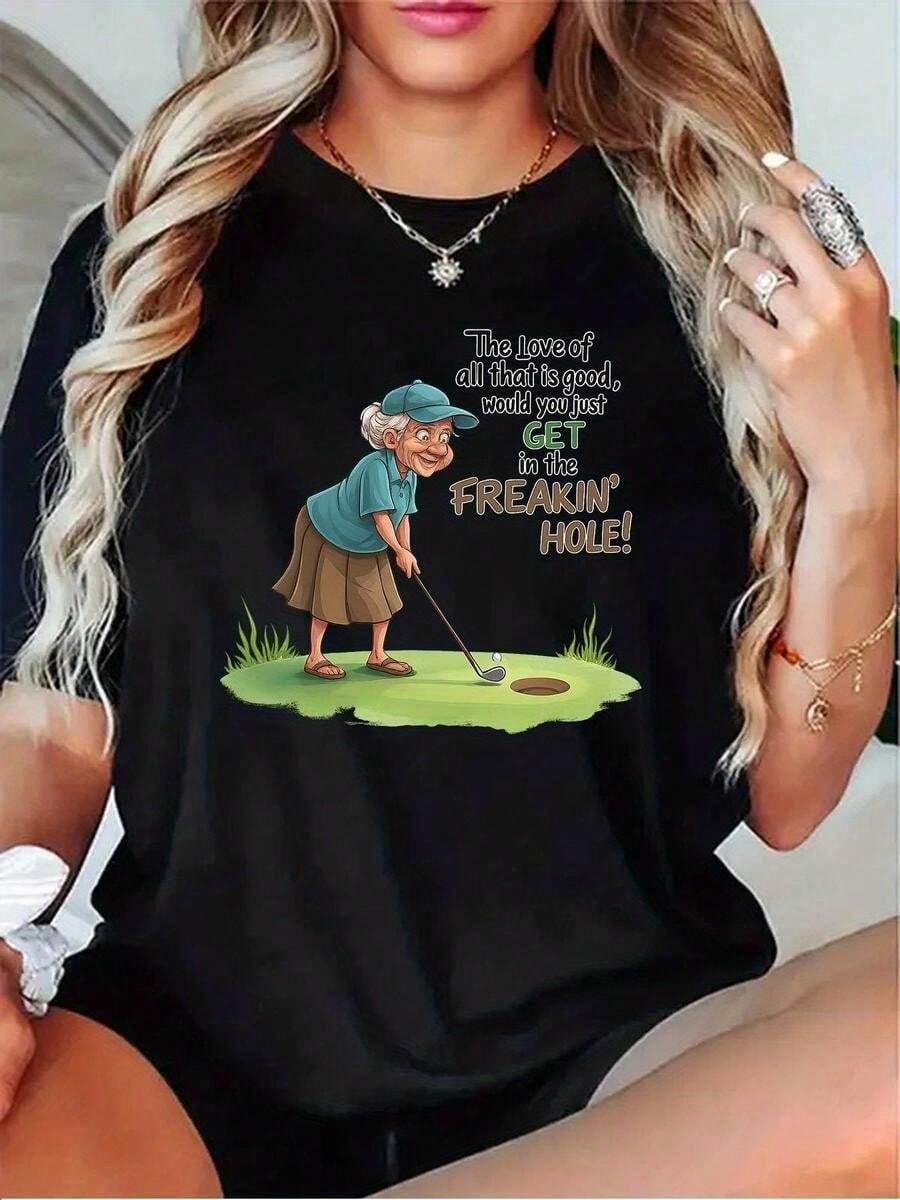 1 pieza de playera para hombre y mujer, 100% algodón puro, cuello redondo casual con estampado, manga corta transpirable para uso diario, dise?o para golfistas mayores - Negro - Ver 1