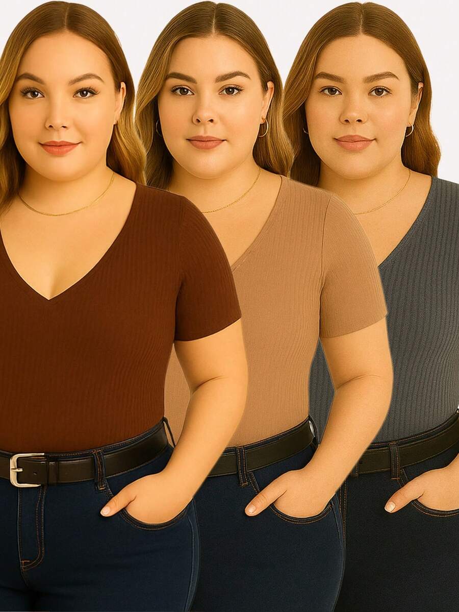 Set Of 3 Basic Women's Plus Size V-Neck Blouses - Brown/chocolate/gray - View 1
