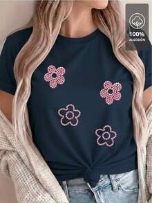 Pink Beaded Flower - 100% Shirt - Navy Blue - View 1