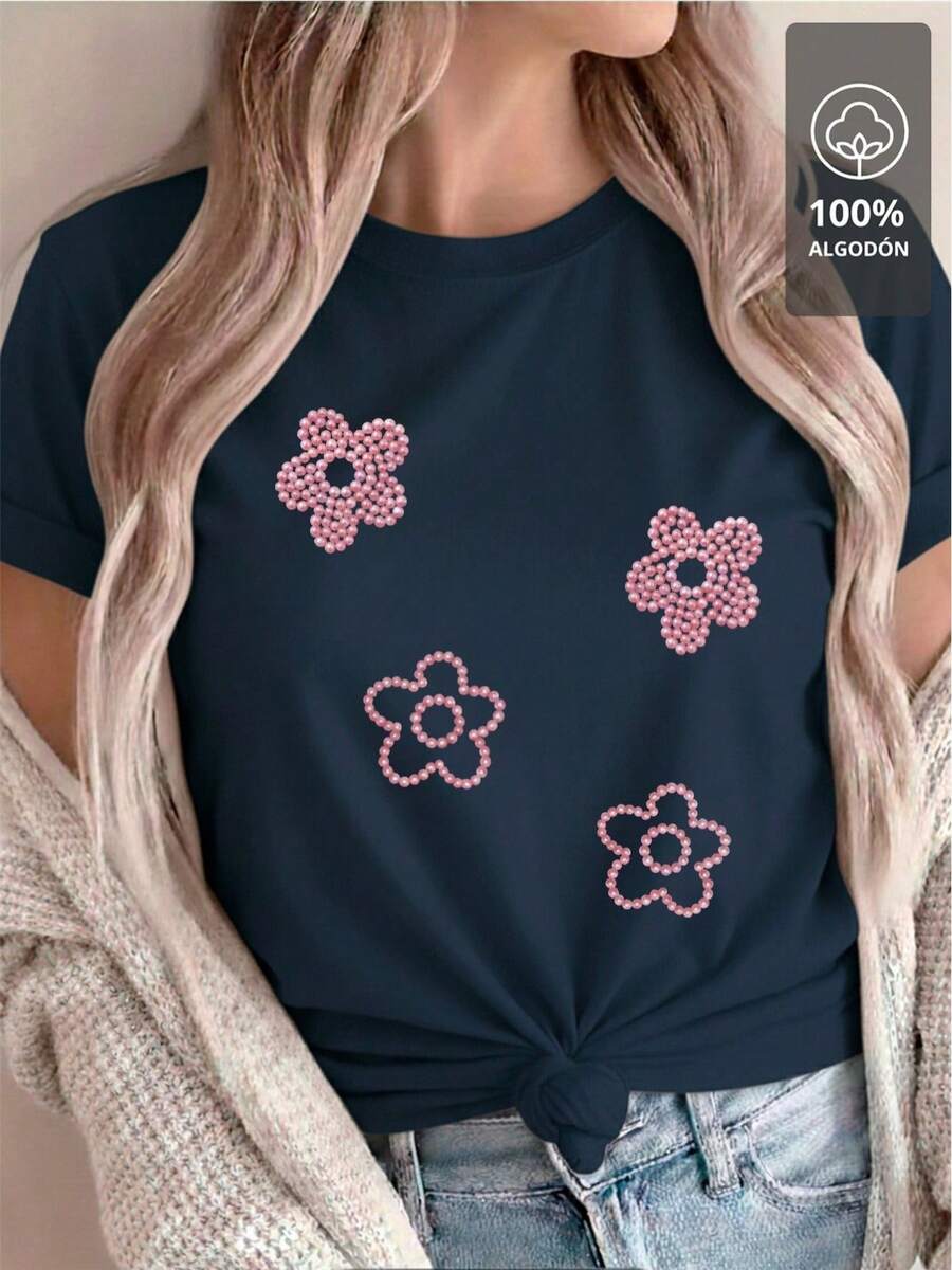 Pink Beaded Flower - 100% Shirt - Navy Blue - View 1