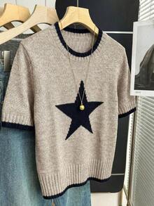 Nueva llegada Primavera/Verano Estilo coreano Casual Suelta Personalizada Blusa de punto de mujer a rayas de color contrastante - Caqui 3 - Ver 7