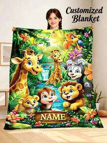 Personalized Custom Name Fleece Blanket, Jungle Wildlife Lion Giraffe Monkey Cartoon Print, Soft Cozy Throw Blanket For Kids Room And Baby Nursery - Multicolor - View 5