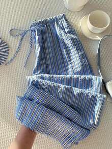 Pantalones a rayas rosas para mujer, vacaciones de verano - Niebla azul - Ver 6