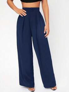 Pantalones de pierna ancha de cintura alta con pliegues - Azul marino - Ver 5