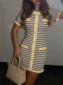 Women's New Spring/Summer Elegant Striped Contrast Color Metal Button Dress, Graceful Ruffle Hem Yellow Striped, Front Button Design, Suitable For Commuting, Daily Dates And Photo Shoots. - Multicolor - View 8