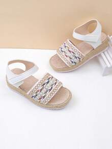 Sandals đế bánh mì dệt kim loại vàng cho bé gái, quai cổ chân đính đá charm, chống trượt, giày mùa hè thường ngày cho trẻ em - Màu be - Xem 7