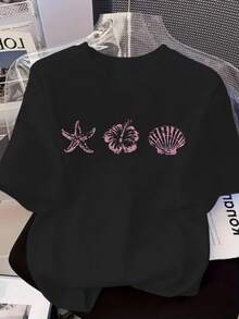 Playera de mujer de algodón cuello redondo manga corta verano hibisco concha juvenil popular en México - Negro - Ver 1