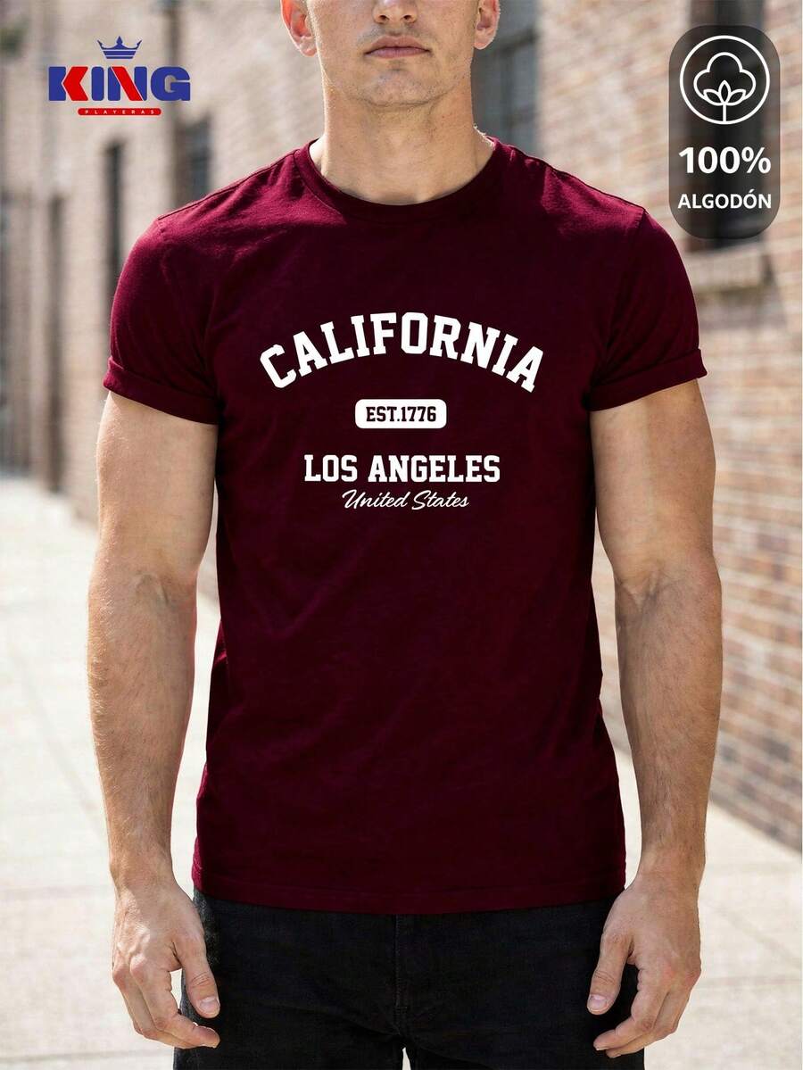 King T-shirt Playera 100% algodón de excelente calidad, esta playera garantiza una suavidad excepcional al tacto, cuello redondo con estampado "California Los Angeles Varsity" y manga corta - Burdeos - Ver 1