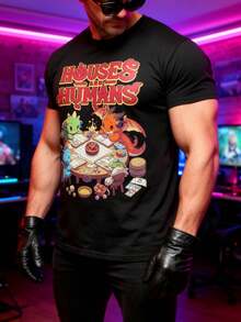 1 Camiseta Temática de Videojuegos de los 90 - Diseño Divertido de Criatura de Dibujos Animados "Casas y Humanos", Cuello Redondo y Manga Corta - Regalo Perfecto para Gamers y Fans de Videojuegos, Estilo Casual, Camiseta Coleccionable, TALLA GRANDE - Negro - Ver 2