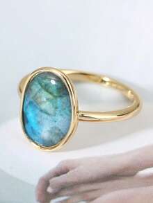 1pc Minimalist Oval Labradorite Stone Ring, Gold/Silver Plated Statement Ring, Vintage Boho Style, Women's Daily & Party Jewelry Gift - Personalized Rings - View 18
