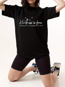 Casual Short-Sleeved T-Shirts With Letter And Star Prints, Crew Neck Athletic T-Shirts, Women's Activewear. 2TGI - 黑色 - 查看 1