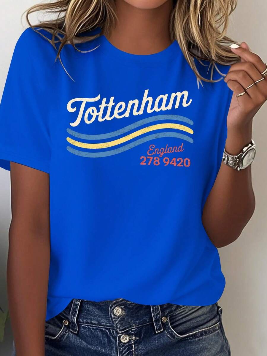Women's Retro Tottenham Hotspur England T-Shirt - Purely Casual Style, Featuring The Iconic Tottenham Wave Design, Offering Comfort For Everyday Wear And Brand Recognition, Machine Washable - Slim-Fit Casual Blouse For Women. - 藍色 - 查看 1