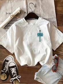 Women's Summer Casual Double-Sided T-Shirt, Minimalist Style, With Alien Slogan Print "I DON'T BELIEVE IN HUMANS", Round Neck, Sheer Short Sleeves, Ling K - 白色 - 查看 10