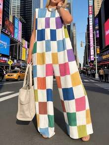 Plus Size Women's Sleeveless Jumpsuit With Colorful Plaid Print, For Summer - 彩色 - 查看 4