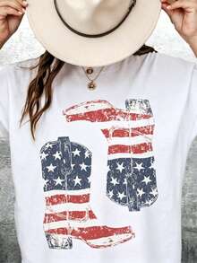 Camisa Western Vintage, Camisa del 4 de Julio, Camisa de Botas de Vaquero, Camisa Western Cowgirl para Mujer, Talla Grande, Mujer, Hombre, Unisex, Camiseta de Algodón Grueso de Manga Corta Clásica con Estampado Gráfico, Camiseta Casual de Manga Corta para Mujer - Blanco - Ver 1