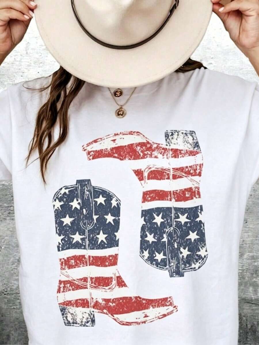 Camisa Western Vintage, Camisa del 4 de Julio, Camisa de Botas de Vaquero, Camisa Western Cowgirl para Mujer, Talla Grande, Mujer, Hombre, Unisex, Camiseta de Algodón Grueso de Manga Corta Clásica con Estampado Gráfico, Camiseta Casual de Manga Corta para Mujer - Blanco - Ver 1