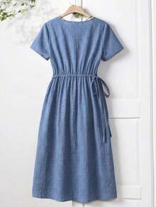 Vestido casual largo con cuello cuadrado y lazo en la cintura de unicolor para mujer - Gris azul - Ver 2