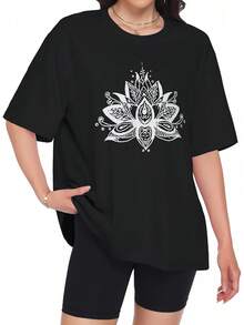 ADOREJOY Camisetas de ajuste holgado para mujer, cuello redondo, manga corta, básicas, gráficas, de verano - negro, blanco (Black White Flower) - Ver 2