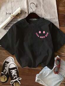 Women's Cream-Colored Cotton T-Shirts With A Pink Phrase Design For Moms, Casual Short-Sleeved Blouse, Ideal Garment For The 2026 Season And Everyday Use - 黑色 - 查看 3