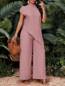 xheSHEIN Lady Conjunto de 2 piezas de camisa y pantalones de unicolor con dobladillo asimétrico para vacaciones casuales de mujerxhe - Rosa - Ver 9
