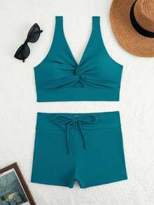 Swim 1 pieza Traje de baño de tirantes finos de color liso y bañador triangular para mujer, moda para el verano - Azul cadete - Ver 3