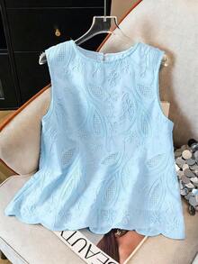 Blusa sin mangas con bordado y ribete de concha blanca para mujer, vacaciones - Azul - Ver 11
