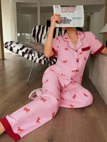 Napfluff Conjunto de pijama con top de manga corta con botón rojo y pantalones con estampado a rayas y lazo de color contrastante; Conjunto de pijama a rayas rosas con lazo estampado, adecuado para uso en casa - Rojo - Ver 12