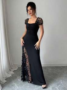 Vestido entallado con bordado de red para fiesta, banquete, primavera/verano, vacaciones - Negro - Ver 5