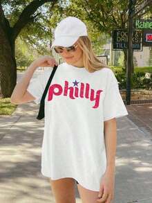 1 camiseta vintage de béisbol de Filadelfia de talla grande: corte relajado, 100% algodón, camiseta casual de manga corta con cuello redondo y estampado para mujer, regalo para el Día de la Madre o Pascua, 180g de algodón 100%. - Negro - Ver 10