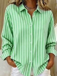 休閒時尚條紋印花女款大尺碼前扣長袖襯衫上衣 - 薄荷綠 - 查看 1
