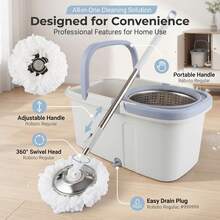 Spin Mop And Bucket Set White Blue Floor Cleaning System With Stainless Steel Basket And Mop Disc 53" Extendable Long Pole 2 Microfiber Heads Included For Hardwood Tile Home - A - 查看 9